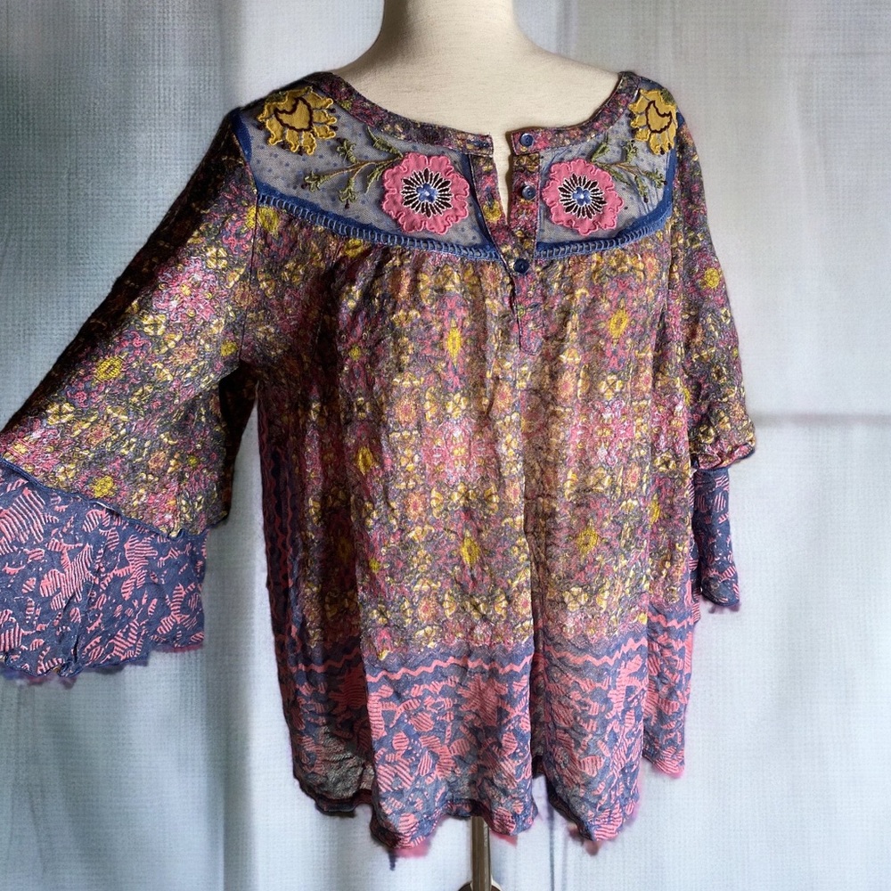ANTHROPOLOGIE L POSTMARK Ciutadella Embroidered Yoke Floral Ruffle Sleeve Top